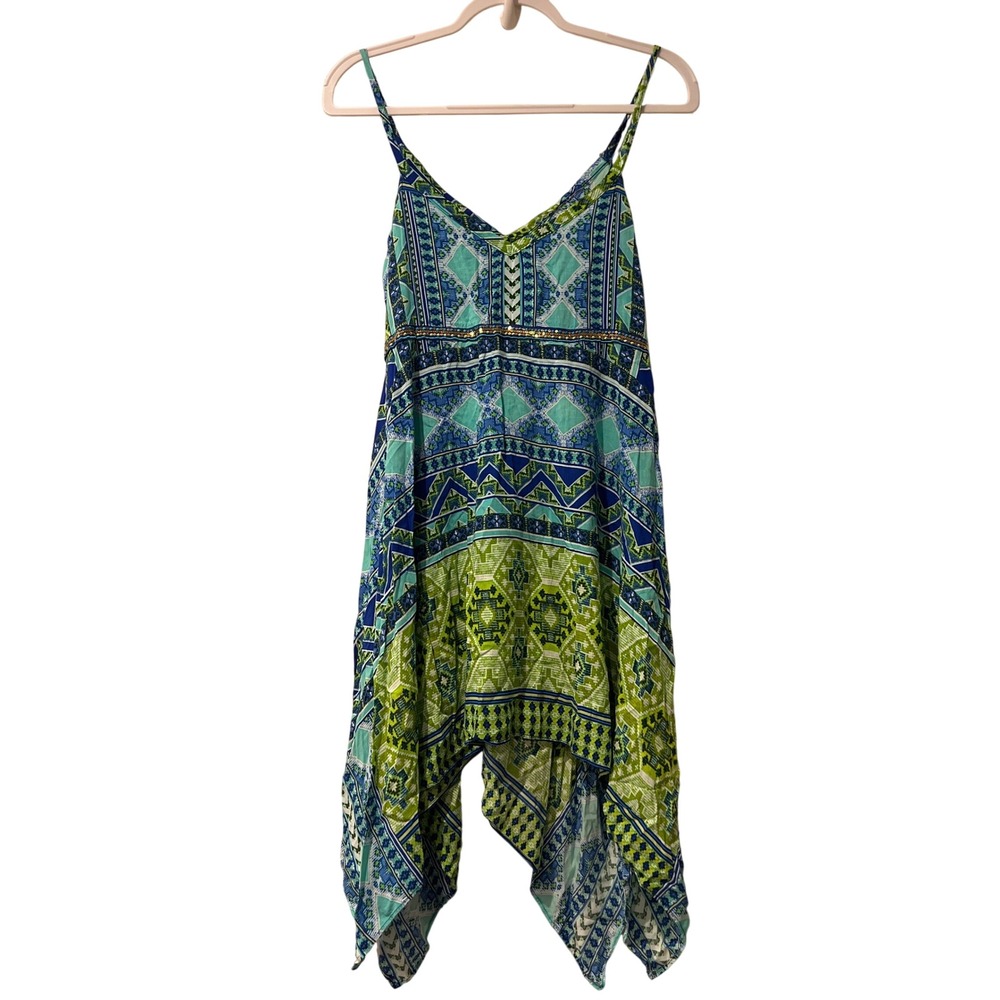 Geometric Print Handkerchief Hem Sequin Accent Blue Green Long Top/Dress No Size